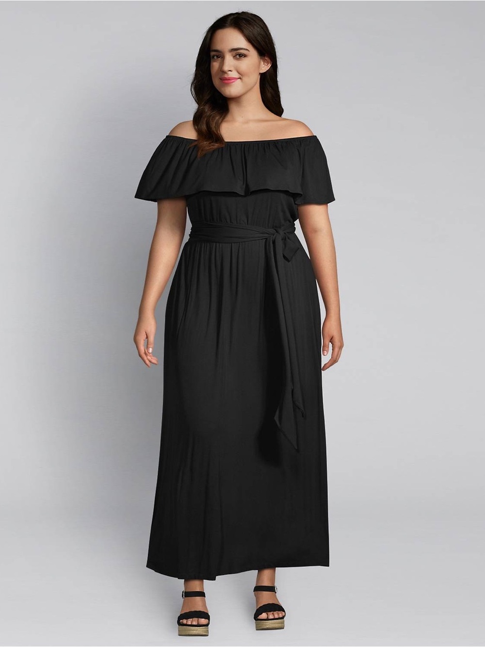 🌺NWT-Lane Bryant 4 Ways To Wear Off-Shoulder Black Maxi Dress with Waist Tie